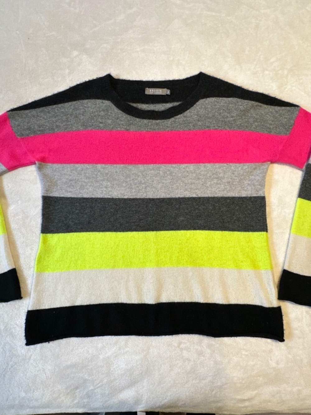 Brodie 100% Cashmere Sweater XS Colorblock Neon Funky Stripe Grey Pink Yellow